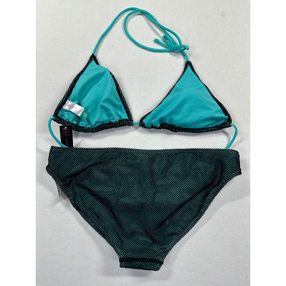 NWT Rich Black & Teal Mesh Triangle Bikini Set XL Two Piece Swimsuit Y2K String - Picture 3 of 14